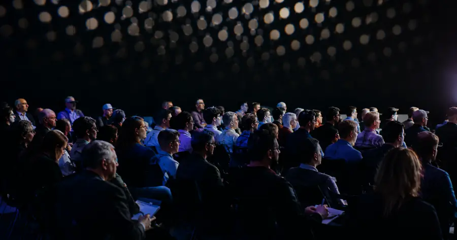 Corporate conference hall with professional event staging and international business summit setup