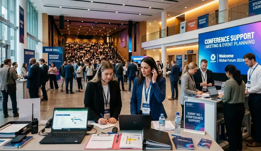 International corporate networking event with business professionals at a global conference